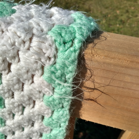 Vintage Handmade Crocheted Afghan, Green & White Square Pattern, 72 x 66… - Picture 9 of 14